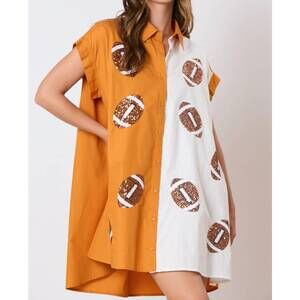 NEW PEACH LOVE morgan sequin football gameday dress in orange/white